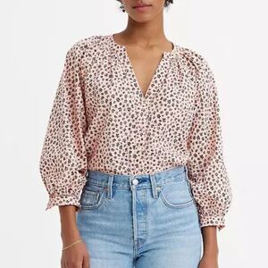 LEVI'S Women's Lainey Relaxed Fit Blouse 3/4 Puff Sleeves Pink Floral Print Sz M